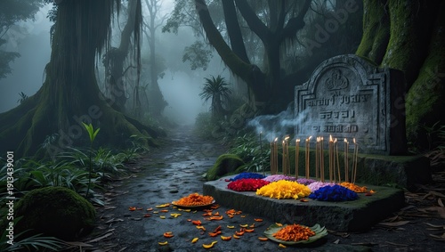 Traditional Spiritual Offering with Roses and Burning Incense Sticks in Misty Forest