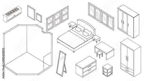 Isometric arrangement of bedroom furniture and storage pieces in a minimalist interior design illustration.