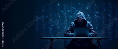 Hooded figure types on a laptop in a dimly lit room as digital code flickers on the wall; camera slowly pans to create a mysterious, cinematic cyber security atmosphere.