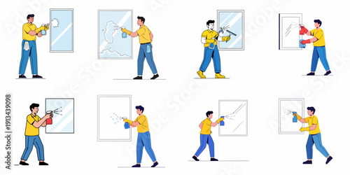 Professional window cleaner cartoon illustration set showing a worker spraying cleaning solution and using a squeegee for glass washing service.