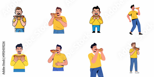 Collection of cartoon illustrations depicting men happily eating hot dogs, representing fast food enjoyment and craving.