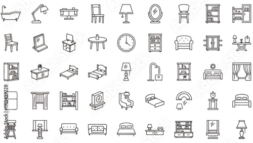 Collection of small grayscale furniture and household icons for design and UI projects.