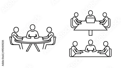 Simple line drawing showing a group of people having a meeting around a table.