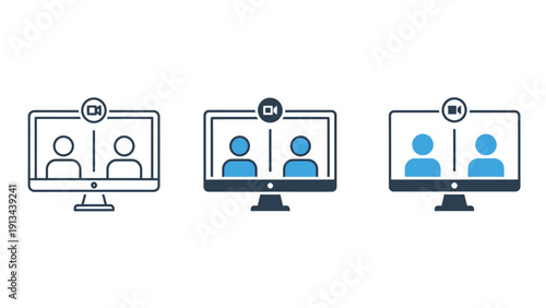 Video conference with multiple participants displayed on computer monitors during a virtual meeting.