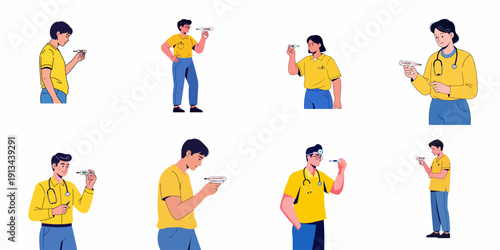 Collection of flat illustrations showing people and medical professionals checking body temperature with different types of digital and mercury thermometers.