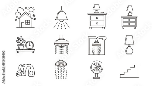 Set of monochrome line icons depicting home and household objects for design and UI projects.