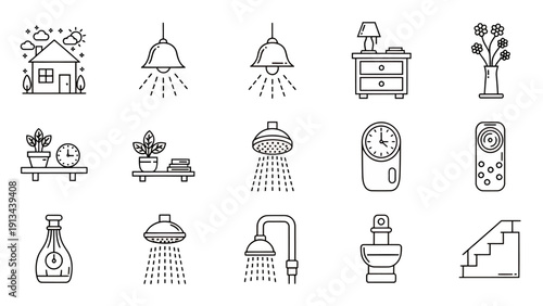 Collection of vintage and modern lamps, bottles, clocks, and plant icons.