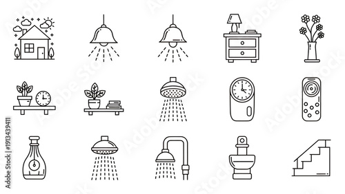 Collection of vintage line icons including lamps, clocks, plants, bottles, and furniture for graphic design projects.
