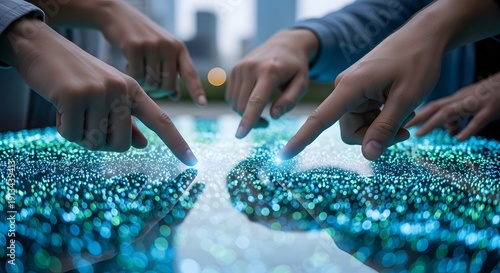 Multi-ethnic hands touching a glowing interactive table with digital particles, illustrating advanced technology, data analysis, and collaborative innovation.