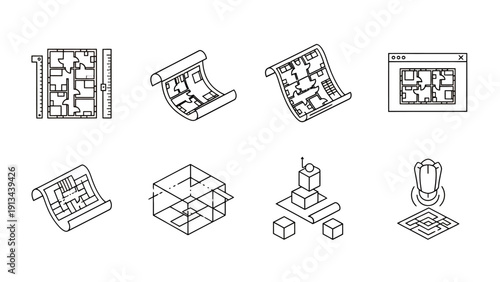 Collection of line art icons representing architecture, design models, and 3D construction concepts.