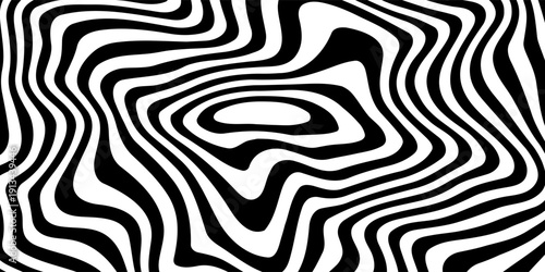 Abstract hypnotic pattern with black-white striped lines. Psychedelic background. Op art, optical illusion. Modern design, graphic texture.
