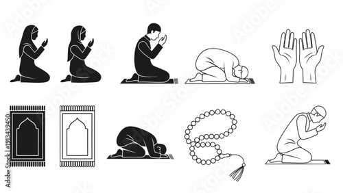 Series of prayer and religious gestures showing reverence, meditation, and devotion.