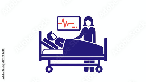 Medical care scene with patient in hospital bed being monitored by caregiver and nurse.
