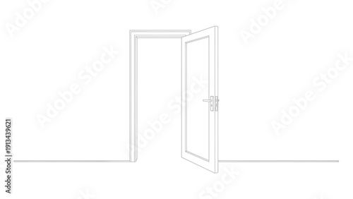 Minimalist open doorway illustration with clean white outline and architectural frame suggesting entryway.