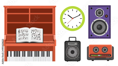 Colorful collage featuring a piano with sheet music surrounded by clocks and vintage audio devices.
