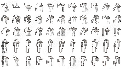 Extensive collection of monochrome line icons illustrating plumbing fixtures and components in various orientations.