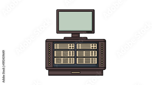 Vintage computer setup featuring a monitor on top of a retro keyboard and classic desk arrangement.