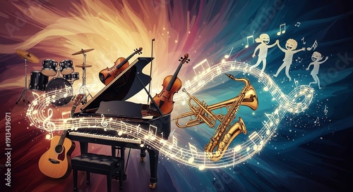 Vibrant illustration of musical instruments including a piano, guitar, violin, and brass instruments with dancing silhouettes against a colorful background with streaks of light.