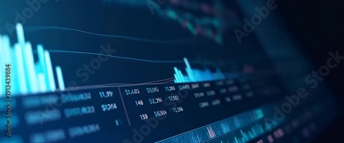 Dynamic stock market data visualization with animated charts and graphs; slow camera pan across digital interface in a cinematic, ambient motion scene, ideal for finance and technology themes.