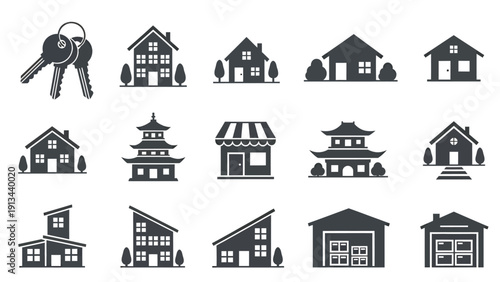 Collection of small black and white house icons and buildings in a grid.