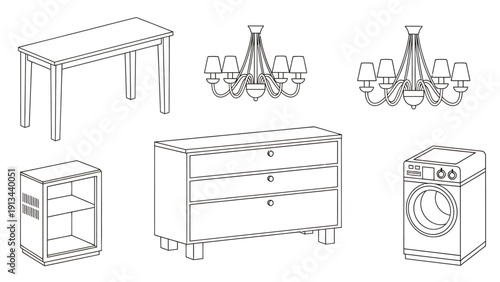Line art set of home furniture and appliances: table, chandeliers, cabinet, dresser, and washer.
