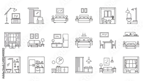 Set of Minimalist Interior and Building Sketch Icons for Design Projects.