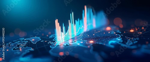 Cinematic data visualization: glowing 3D world map and rising digital graphs animate with dynamic camera pan, capturing global finance trends and technological innovation.