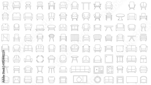 Extensive grid of line art furniture icons for design projects and graphic resources.