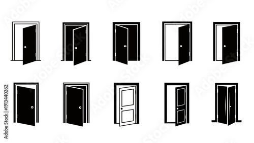 Series of open and closed doors in a row, an interior architectural study of doorways.