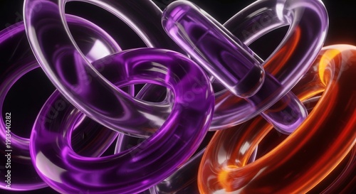 Vibrant Purple and Orange Glass Rings in Abstract Formation.