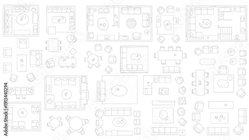 Blueprint style floor plan sketches showing multiple seating layouts and interior room arrangements.