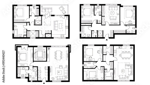 Collection of multiunit residential floor plans with varied layouts and elevations.