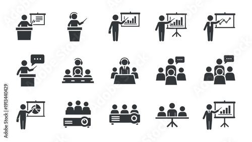 Collection of people engaging in teaching, presenting, and group meetings in a classroom and office setting.