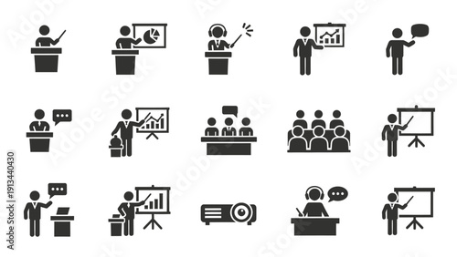 Group of businesspeople and presentations in a meeting setting illustration.