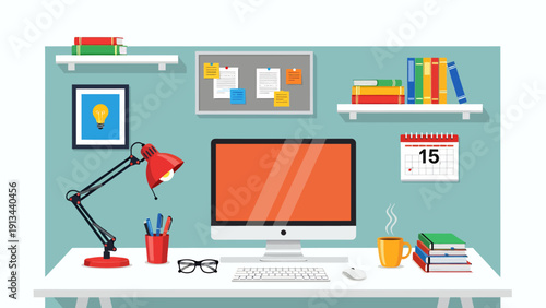 Modern home office desk setup with computer, monitor, books, calendar and plants in a tidy workspace.