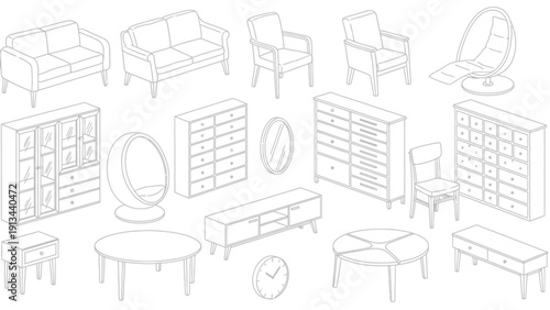 Collection of line-drawn furniture silhouettes including chairs, tables, sofas, and shelves.