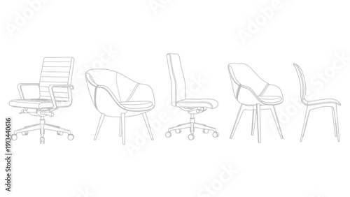 Line Art Illustration of Various Office Chairs in a Row for Flexible Graphic Resources.