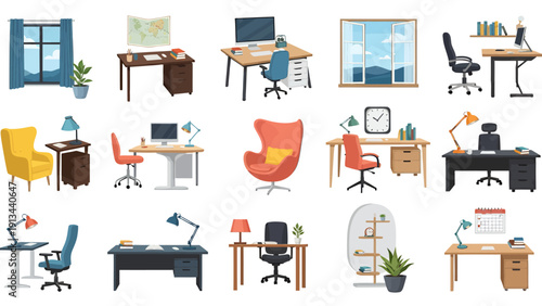 Assorted office furniture and workspace setups featuring desks chairs laptops and greenery collage.