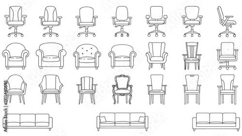 Collection of lineart chair icons and furniture silhouettes in various seating styles.