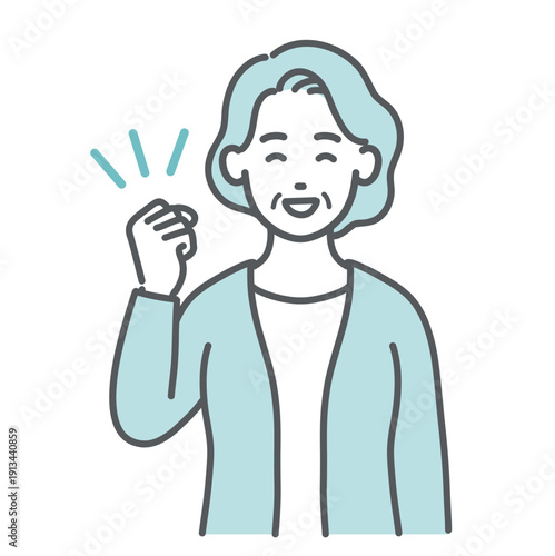 ガッツポーズをする・応援する高齢女性のイラスト（笑顔・上半身）