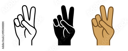 Peace sign hand gesture icons. Holding up two fingers. Outline, solid and skin tone styles. Editable line weight vector illustration.