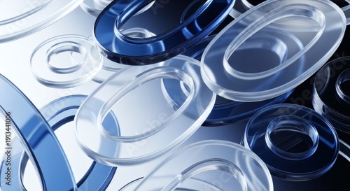 Transparent blue glass rings and circles layered on top of each other.