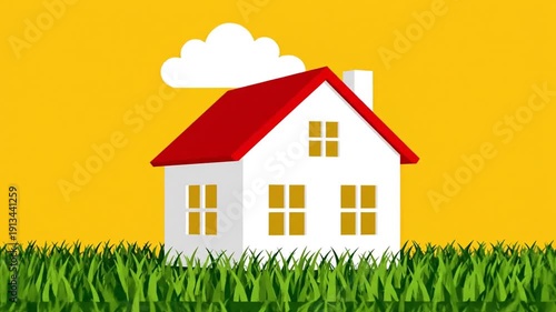 Wallpaper Mural Animated Cartoon House with Red Roof in Green Grass Field. Torontodigital.ca