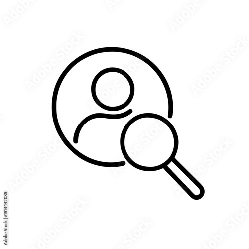 Business professional user icon with magnifying glass symbol, flat style vector graphic for website design, app, UI, user search concept, isolated on white background