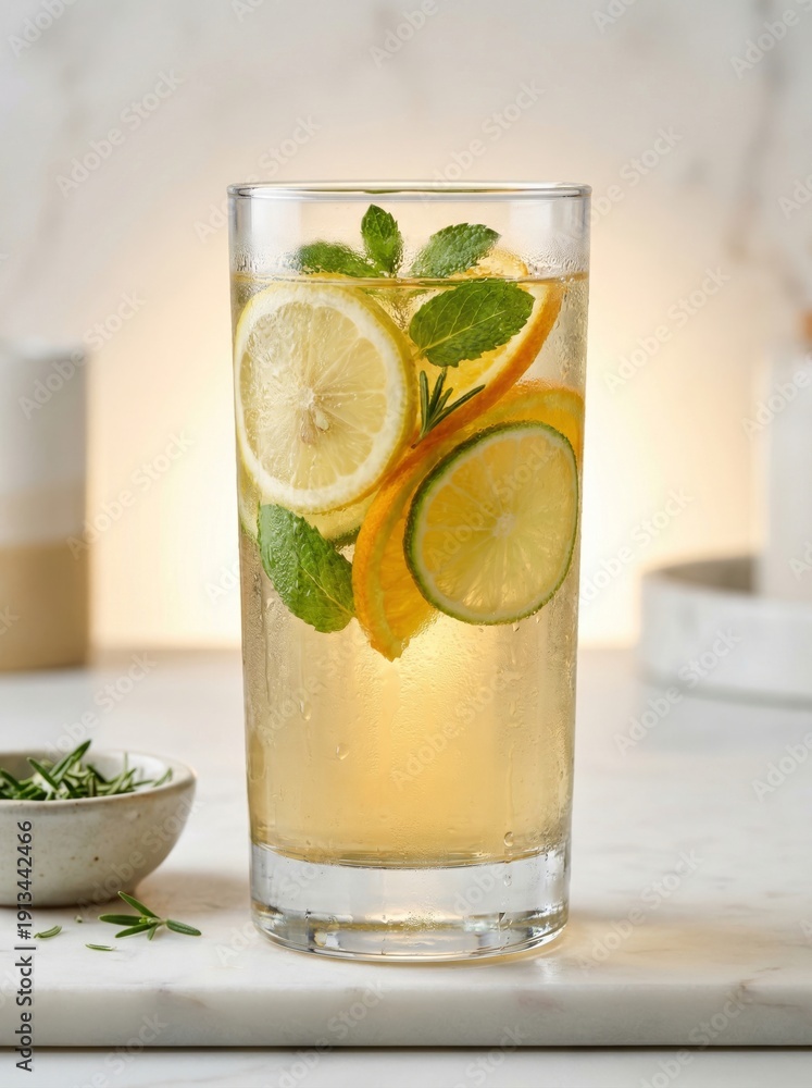 Fototapeta premium Refreshing citrus infused iced tea with lemon, lime, and mint in a tall glass