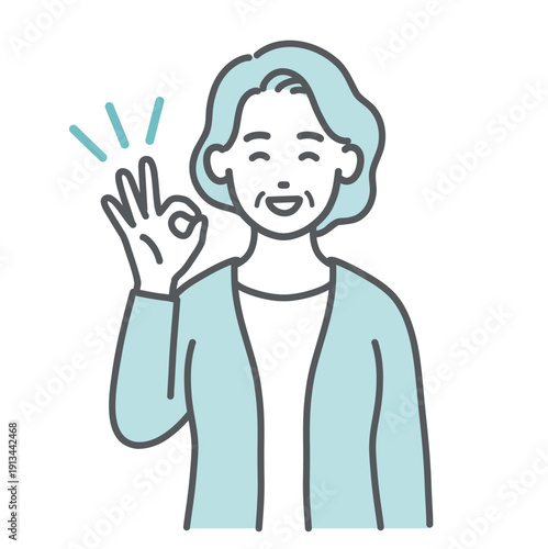 OKサインを出す・賛成する高齢女性のイラスト（笑顔・上半身）