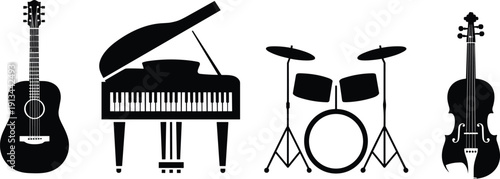 Black musical instrument silhouettes featuring acoustic guitar, grand piano, drum set and violin isolated on light background, vector illustration collection for music designBlack musical instr