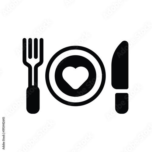 Black vector icon of a plate with heart, fork and knife