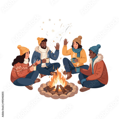 Group of Friends Sitting Around Campfire.