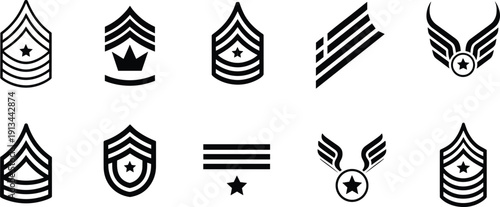 Military rank insignia icon set with stars, stripes, chevrons and winged emblems black silhouettes isolated on light background, vector illustration collection for army design